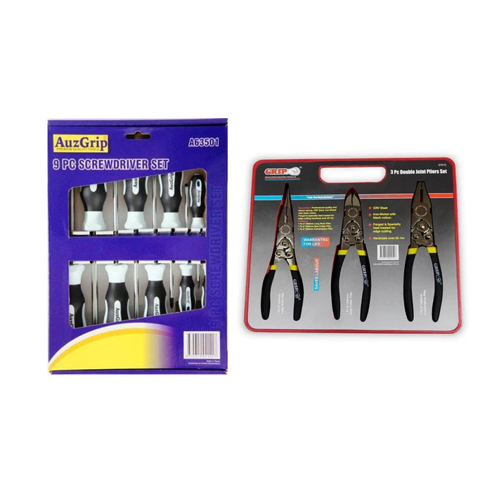 AuzGrip A63501 9pc Screwdriver Set and Grip 57015 3pc Plier Set Bundle
