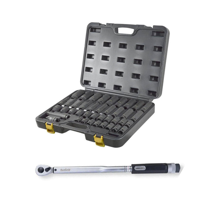 AuzGrip A70515 Torque Wrench and A84618 34pc SAE Impact Socket Set Bundle