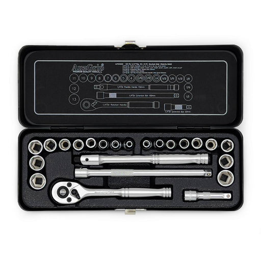 AuzGrip A75303 23 Piece Metric and SAE 6 Point 1/4 Inch Square Drive Socket Set Front