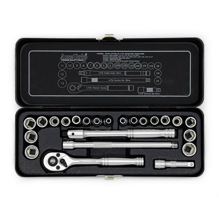 AuzGrip A75303 23 Piece Metric and SAE 6 Point 1/4 Inch Square Drive Socket Set Front