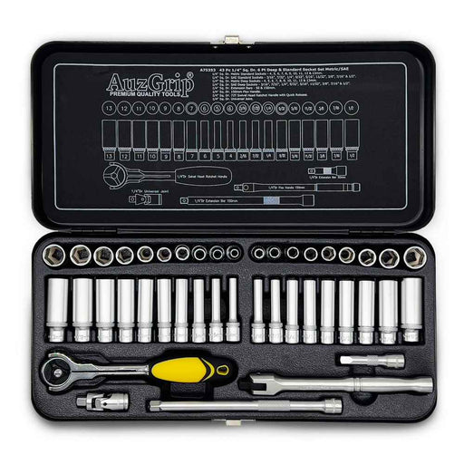 AuzGrip A75353 43 Piece Metric and SAE 6 Point 1/4 Inch Square Drive Deep and Standard Socket Set Front