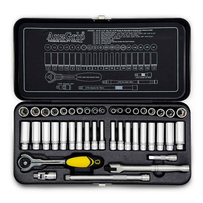 AuzGrip A75353 43 Piece Metric and SAE 6 Point 1/4 Inch Square Drive Deep and Standard Socket Set Front