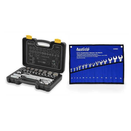 AuzGrip A76001 28pc Socket Set and A89605 14pc Spanner Set Bundle