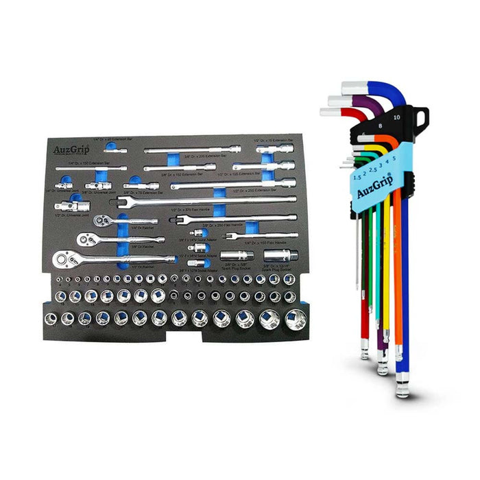 AuzGrip A76003 72pc Socket Set and A71300 Extra Long Hex Key Set Bundle
