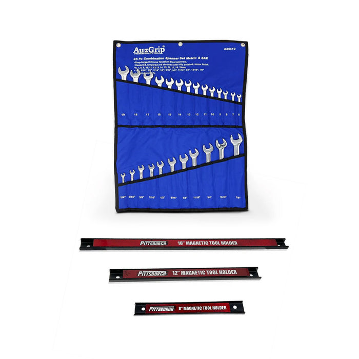 AuzGrip A89610 25pc Combination Spanner Set + Pittsburgh P67446 Magnetic Tool Holder Set Bundle