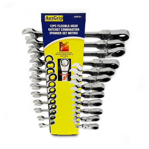 AuzGrip A89701 12 Piece Metric Flexible Combination Ratchet Spanner Set Front