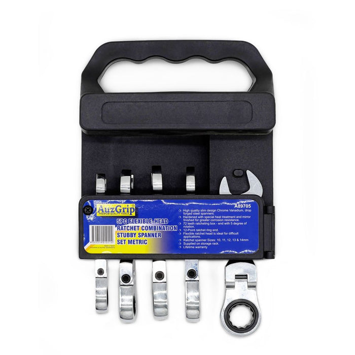 AuzGrip A89705 5 Piece Metric Stubby Flexible Combination Ratchet Spanner Set Front