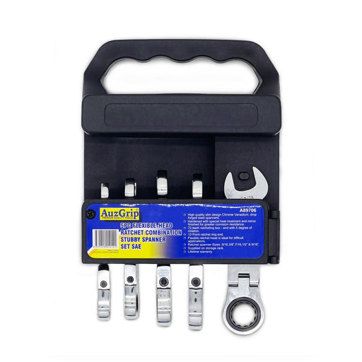 AuzGrip A89706 5 Piece SAE Stubby Flexible Combination Ratchet Spanner Set Front
