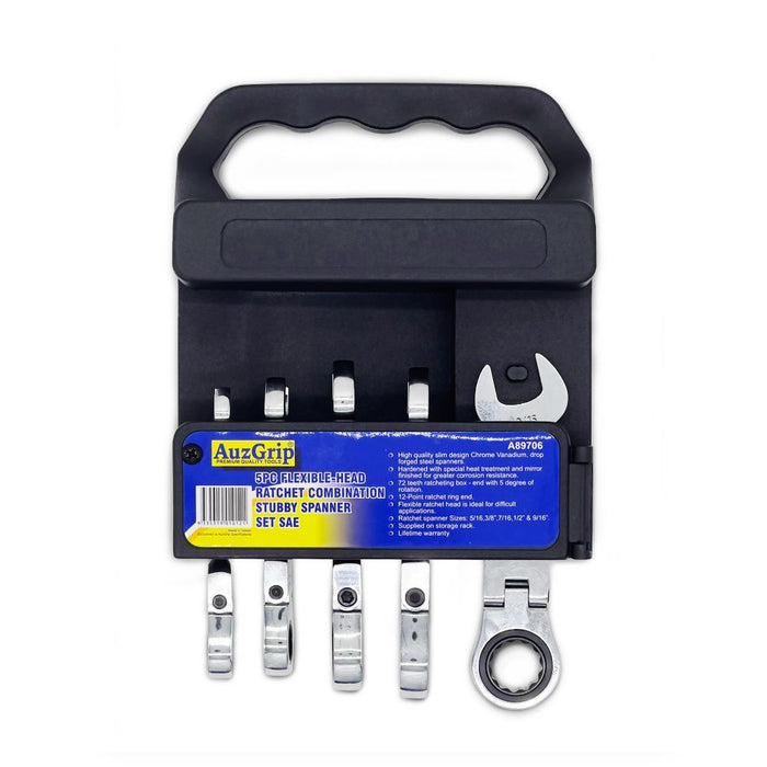 AuzGrip A89706 5 Piece SAE Stubby Flexible Combination Ratchet Spanner Set Front