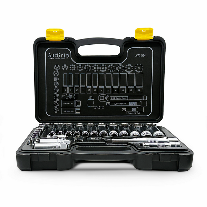 AuzGrip A75504 38 Piece Metric 12 Point 3/8'' Square Drive Deep & Standard Socket Set