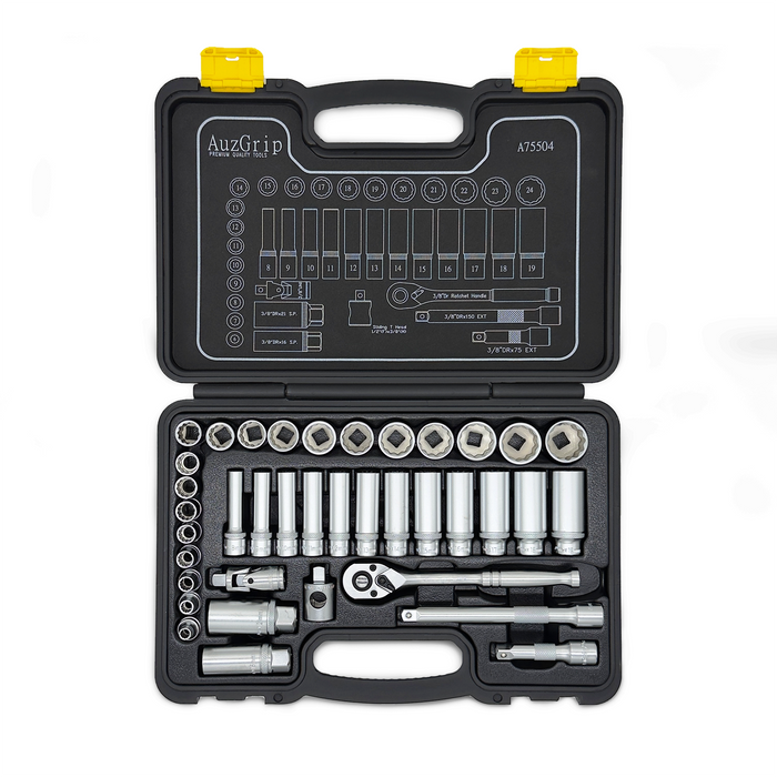 AuzGrip A75504 38 Piece Metric 12 Point 3/8'' Square Drive Deep & Standard Socket Set