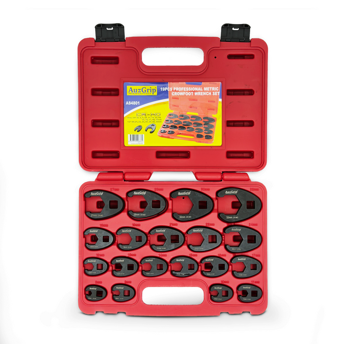 AuzGrip A84801 19 Piece 3/8'' & 1/2'' Square Drive Crowfoot Impact Wrench Set