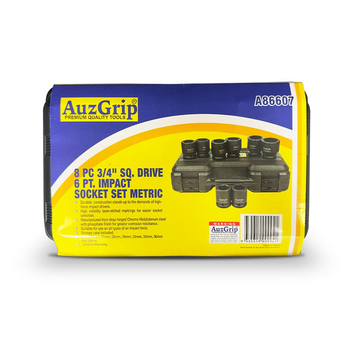 AuzGrip A86607 8 Piece Metric 6 Point 3/4" Square Drive Impact Socket Set