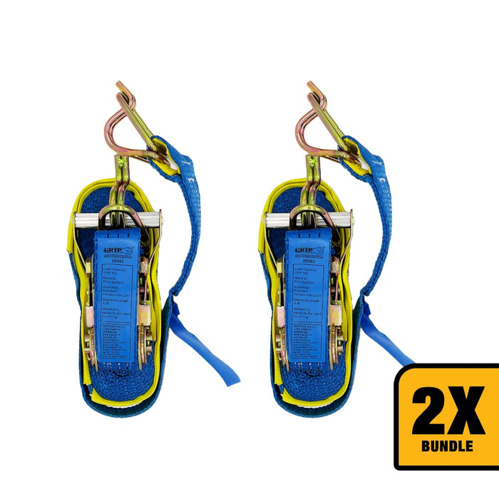 Grip 28582 1500kg (1.5T) 37mm X 6M Ratchet Tie Down Strap - Bundle of 2