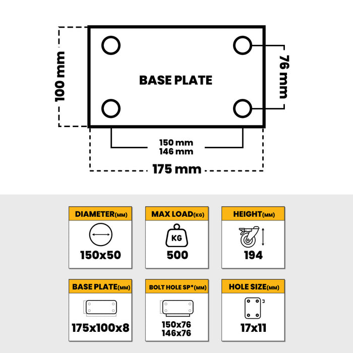 Grip 41901 150mm (6") 500kg Waste Bin SG Iron Fixed Wheel Castor