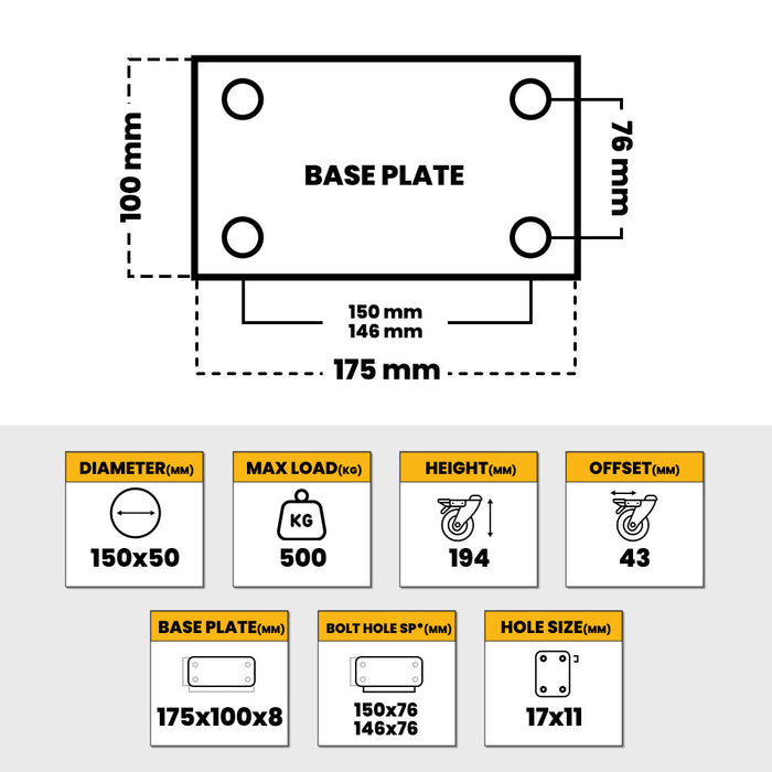 Grip 41902 150mm (6") 500kg Waste Bin SG Iron Swivel Wheel Castor