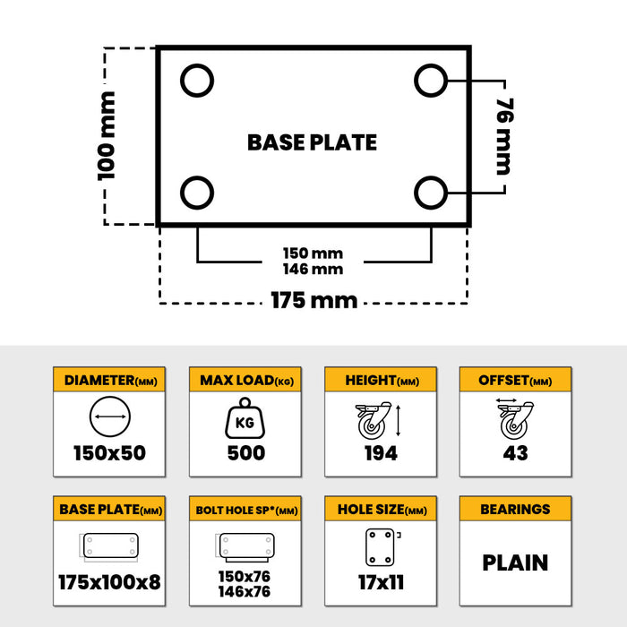 Grip 41903 150mm (6") 500kg Waste Bin SG Iron Swivel Wheel Castor with Brake