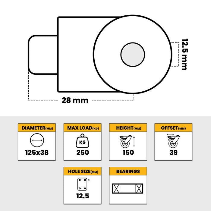 Grip 41987 125mm 250kg Industrial Blue Nylon Swivel Castor with Brake & Bolt Hole