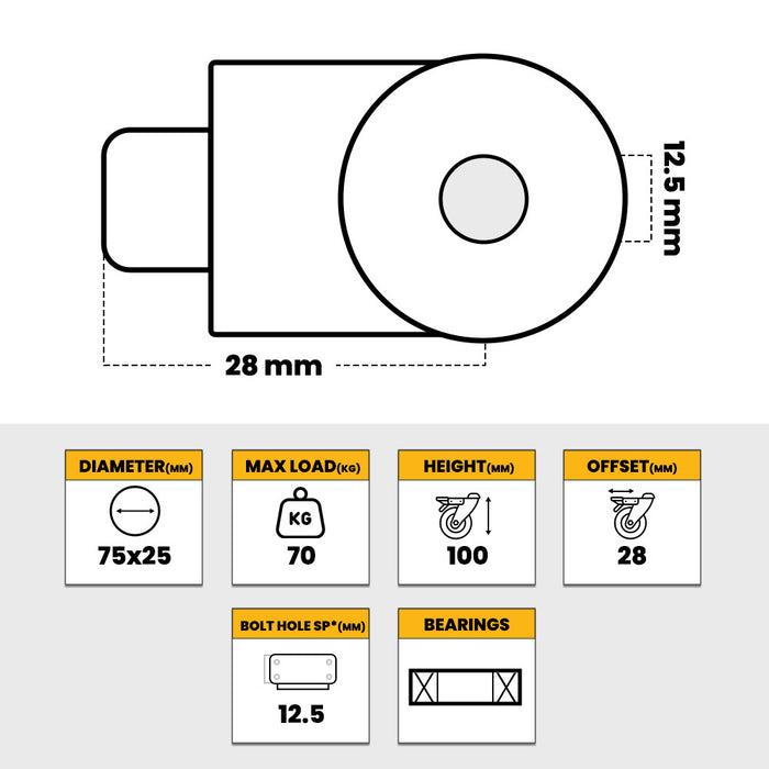 Grip 42007 75mm 70kg Institutional Grey TPR Swivel Castor with Brake & Bolt Hole