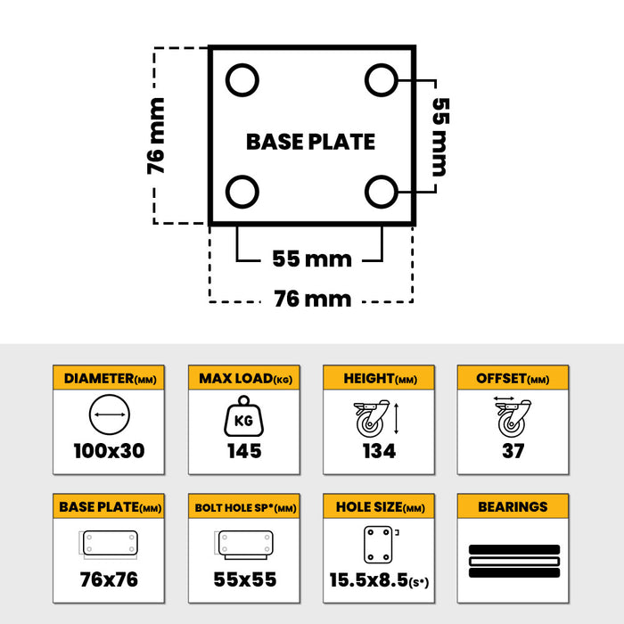 Grip 43012 100mm 145kg White Nylone Poly Core Swivel Castor