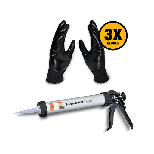 Harden 620419 15" Caulking Gun + Duramix 3pc Nitrile Gloves Bundle