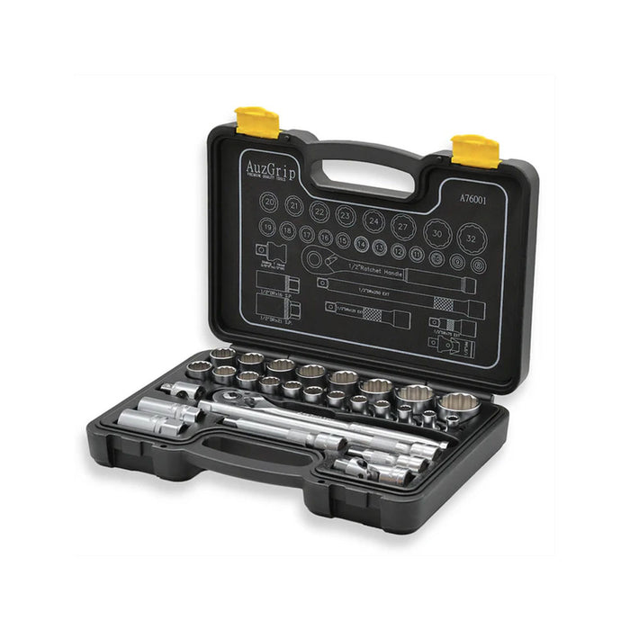 AuzGrip A76001 28 Piece Metric 12 Point 1/2" Square Drive Socket Set