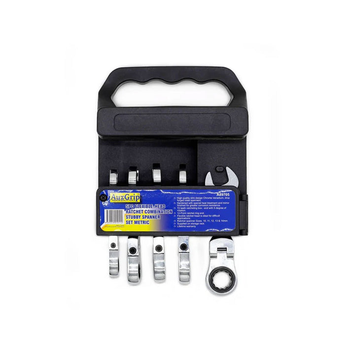 AuzGrip A89705 5 Piece Metric Stubby Flexible Combination Ratchet Spanner Set