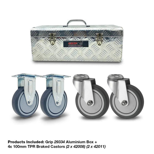 Mobile Toolbox Combo: Grip 29334 Alu Box + 4x 100mm TPR Braked Castors