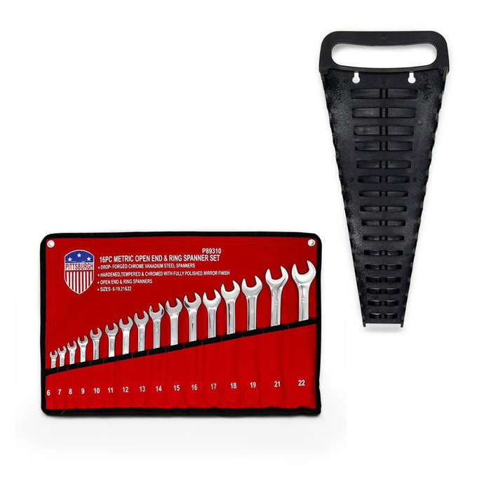 Pittsburgh P89310 16-Piece Metric Spanner Set + Pittsburgh P30010 16-Slot Spanner Rack Bundle