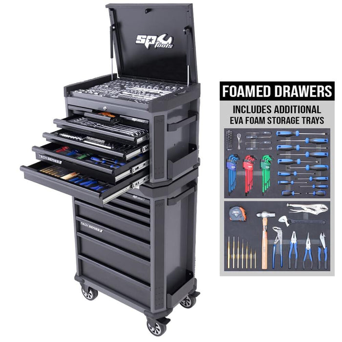 SP Tools SP52265DX 282pc Metric/SAE Diamond Black 14 Drawer Tech Series Tool Kit with Bonus EVA Storage Trays