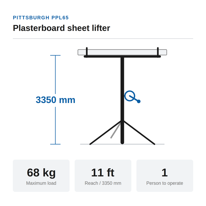 Pittsburgh PPL65 3350mm (11ft) 68KG Max Weight Plasterboard Sheet & Panel Lifter