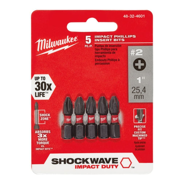 Milwaukee 48324601 5 Pack PH2 Shockwave Phillips Driver Bits