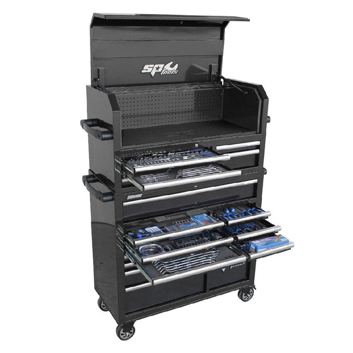 SP Tools SP50557 489 Piece Metric & SAE Black & Chrome Sumo Series Power Hutch Tool Chest & Roller Cabinet Tool Kit